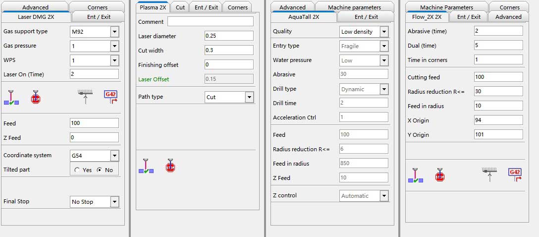 Specific functions for each cutting technology