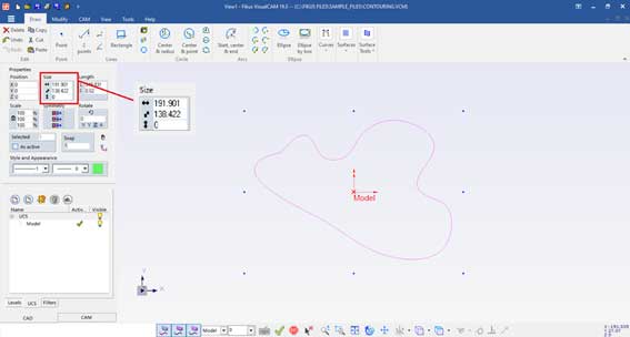 La barra de edición rápida muestra las dimensiones de la pieza